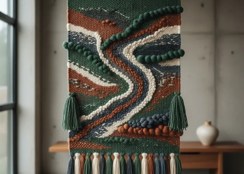 Close-up of a contemporary woven textile art piece, showcasing intricate textures, natural fibers, and a blend of earthy colors. A prime example of modern fiber art.