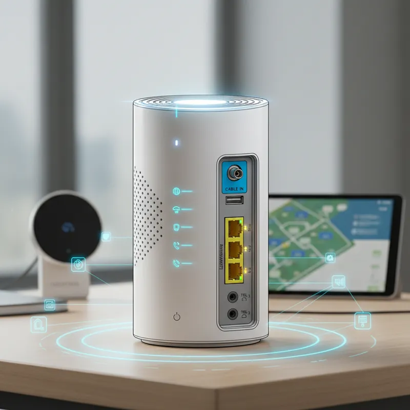 A detailed, clear image of the Xfinity Xb7 modem, highlighting its ports and indicator lights, set against a clean, modern home network backdrop.