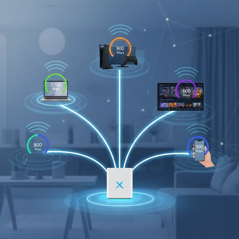 A graphic illustrating internet speed from the Xb7 modem to various devices (laptop, gaming console, smart TV, smartphone) with speed indicators.