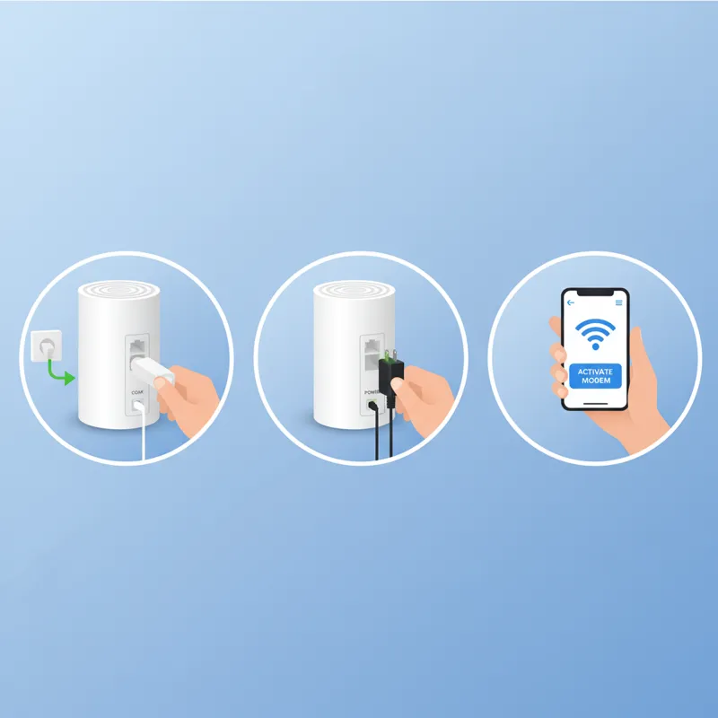 A step-by-step infographic showing how to connect an Xb7 modem: plugging in coaxial cable, power cable, and then using a smartphone app for activation