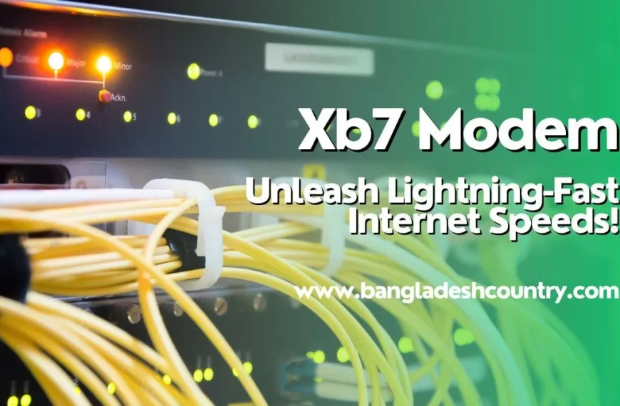 Xb7 Modem with neatly bundled yellow network cables and glowing indicator lights, promoting 'Unleash Lightning-Fast Internet Speeds!' and featuring 'www.bangladeshcountry.com'.